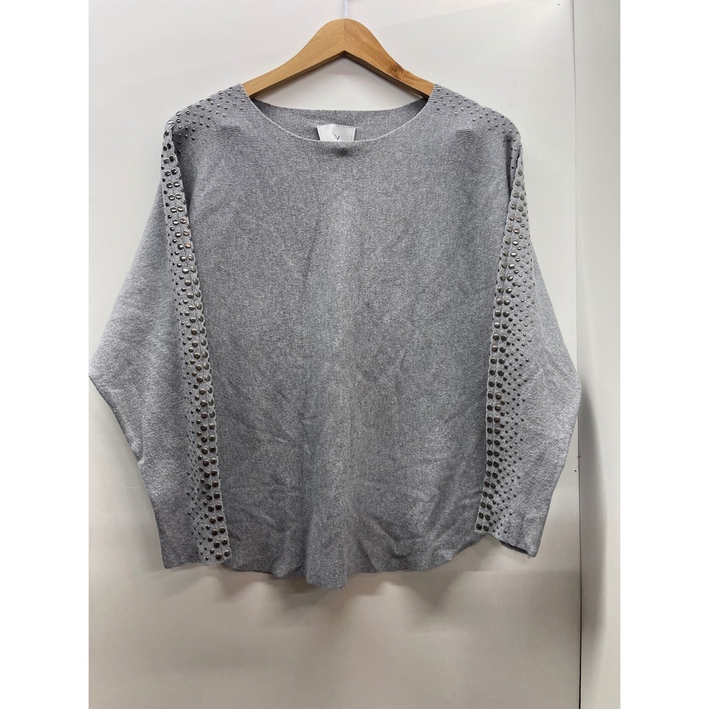 LIV Milano Grey Studded Dolman Sleeve‎ Knit Sweater Top Large Silver Accents